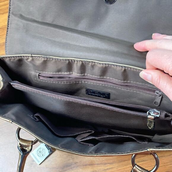 Gianni Bernini Shoulder Bag Bronze Metallic Leather Purse Snap Closure Classic - Picture 9 of 12